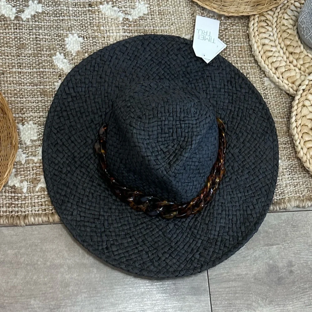 New Time & Tru Women’s Black Woven Straw Fedora Hat with Brown Accent